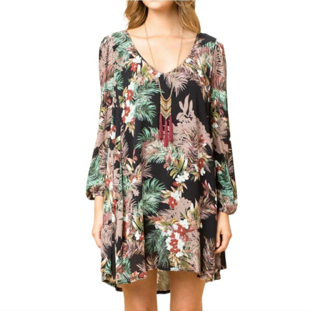 Mahina Tropical Floral Print Dress Flowy Knee Length Women's Small Cruise NWT